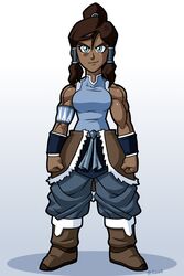  armlet avatar_legends bare_shoulders blue_eyes boots bracer brown_hair commentary_request dark-skinned_female dark_skin female full_body hair_tubes korra long_hair muscular parody ponytail robert_j_case sleeveless smile solo standing style_parody the_legend_of_korra topknot very_dark_skin 