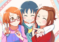  3girls arm_around_neck ayatori_(sensei_heroism) blue_hair blush brown_hair closed_eyes commentary_request dokidoki!_precure double_v glasses grin heart heartcatch_precure! hug in-franchise_crossover kurumi_erika long_hair madoka_aguri multiple_girls orange_eyes orange_hair precure shirabe_ako short_hair smile suite_precure upper_body v 