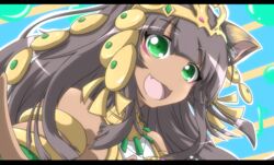  :3 :d animal_ears bastet_(p&amp;d) brown_hair dark_skin egyptian female gem gems green_eyes happy jewelry jewels long_hair lots_of_jewelry oerba_yun_fang open_mouth puzzle_&amp;_dragons smile 