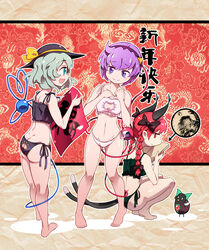  3girls :d ahoge alternate_costume animal_ears animalization ass blue_eyes bow braid cat_cutout cat_ears cat_lingerie cat_tail chinese_commentary chinese_new_year cleavage_cutout clothing_cutout collarbone commentary_request grey_hair hair_ribbon hairband hairbow hat highres kaenbyou_rin komeiji_koishi komeiji_satori long_hair meme_attire multiple_girls multiple_tails navel open_mouth panties photoshop_(medium) purple_eyes purple_hair red_eyes red_hair reiuji_utsuho reiuji_utsuho_(bird) ribbon short_hair side-tie_panties smile squatting tail third_eye touhou translated twin_braids twintails underwear xin_yu_hua_yin 