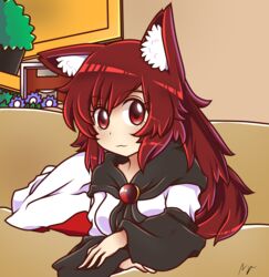  :3 absurdres animal_ears blush breasts brooch brown_hair commentary doge dress english_commentary female highres imaizumi_kagerou indoors jewelry long_hair long_sleeves looking_at_viewer majormilk medium_breasts parody red_eyes solo style_parody tail touhou wide_sleeves wolf_ears wolf_tail wool_(miwol)_(style) 