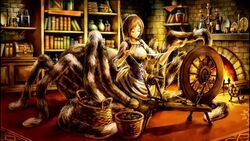  basket book brown_hair carpet chest closed_eyes dragon&#039;s_crown dress female fireplace insect_girl monster_girl official_art reel solo spider_girl weaving 