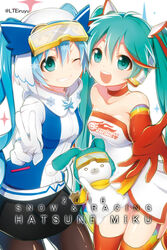  2016 2girls aqua_eyes aqua_hair bad_id bad_pixiv_id blue_hair character_name choker commentary elbow_gloves gloves goggles goggles_on_head goodsmile_company goodsmile_racing grin hat hatsune_miku headphones iruyu long_hair multiple_girls one_eye_closed open_mouth outstretched_arm pantyhose photoshop_(medium) rabbit rabbit_yukine race_queen racing_miku racing_miku_(2016) scarf skirt smile thighhighs twintails v very_long_hair vocaloid white_background year_connection yuki_miku yuki_miku_(2016) 