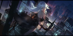  aqua_eyes artist_name azur_lane balcony bare_shoulders black_dress black_flower black_gloves black_heart_(goddesses&#039;_smile) black_heart_(neptunia) breasts building chinese_commentary choker choujigen_game_neptune city city_lights cityscape cleavage closed_mouth collarbone commentary dress dutch_angle female floating_hair flower gloves hair_between_eyes hair_ornament highres jewelry large_breasts letterboxed long_hair looking_at_viewer necklace neptune_(series) night night_sky outdoors photoshop_(medium) rose see-through sky skyscraper smile solo standing swd3e2 symbol-shaped_pupils watermark white_hair wind wind_lift 