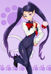  black_bodysuit black_hair blue_eyes bodysuit bow bowtie breasts colored_eyelashes commentary_request covered_navel eyeshadow female go!_princess_precure hand_on_own_hip head_tilt holding holding_wand index_finger_raised kazuma_muramasa leg_lift light_smile lipstick long_hair looking_at_viewer makeup miss_siamour miss_siamour_(human) outline paw_print paw_wand pointy_ears precure purple_background purple_eyeshadow red_bow shiny_clothes shoes small_breasts smile solo standing standing_on_one_leg swept_bangs tail turtleneck twintails very_long_hair wand 