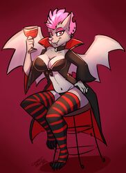  anthro bat big_breasts breasts cleavage clothed clothing combatraccoon ear_piercing eyebrows eyelashes eyeshadow female hair hand_on_hip hi_res makeup mammal midriff piercing pink_hair pink_nose skimpy solo vampire wings 