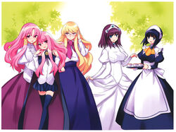  5girls absurdres ascot black_hair blonde_hair blue_cape blue_skirt bolo_tie cape cattleya_yvette_la_baume_le_blanc_de_la_fontaine cup eleanor_albertine_le_blanc_de_la_blois_de_la_valliere glasses henrietta_de_tristain highres holding holding_tray leaf louise_francoise_le_blanc_de_la_valliere maid maid_headdress multiple_girls official_art pentacle pentagram pink_hair princess purple_hair scan shirt siesta_(zero_no_tsukaima) skirt thighhighs tiara tray usatsuka_eiji white_shirt zero_no_tsukaima zettai_ryouiki 