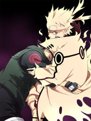  2boys chappa_(chappa7610) closed_eyes fingerless_gloves flak_jacket forehead_protector from_behind gloves hatake_kakashi headband looking_at_viewer looking_back lying male male_focus multiple_boys naruto on_side tears tsumami uzumaki_naruto uzumaki_naruto_(kyuubi_chakra_mode) 