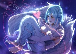  angel_wings barefoot blue_hair blue_nails braid breasts cleavage commentary_request constellation dress elbow_gloves feathered_wings female french_braid gloves half_updo heart highres hugging_own_legs kuziaaizuk medium_breasts moira_(1st_costume)_(nijisanji) moira_(nijisanji) mole mole_on_breast mole_under_mouth nail_polish nijisanji open_mouth orange_eyes solo space star_(sky) string string_around_finger string_of_fate toenail_polish toenails virtual_youtuber wings 