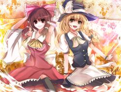  2girls armpits bad_id bad_pixiv_id bare_shoulders blonde_hair braid brown_eyes brown_hair detached_sleeves hair_tubes hakurei_reimu hat hat_ribbon highres kirisame_marisa multiple_girls ribbon sid side_braid touhou velia witch_hat wrist_cuffs yellow_eyes 