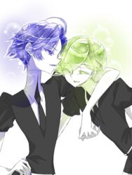  2others androgynous arm_around_neck arm_around_shoulder bad_id bad_pixiv_id blue_eyes blue_hair blue_zoisite_(houseki_no_kuni) closed_eyes colored_eyelashes colored_skin crystal_hair easty eyes_visible_through_hair gem_uniform_(houseki_no_kuni) green_hair hand_on_own_hip houseki_no_kuni multiple_others necktie other_focus peridot_(houseki_no_kuni) short_hair smile upper_body white_skin 