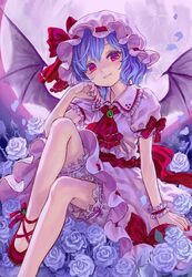  ama-tou bat_wings bloomers blue_hair brooch commentary_request cross-laced_footwear dress female flower foxfactory full_moon hat hat_ribbon jewelry looking_at_viewer moon nail_polish no_socks pink_dress pink_eyes puffy_sleeves red_eyes remilia_scarlet ribbon rose sash short_sleeves smile solo touhou underwear white_flower white_rose wings wrist_cuffs 