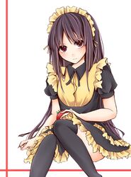  1boy akasaka_ryuunosuke alternate_costume black_thighhighs blush brown_eyes brown_hair commentary_request crossdressing dress enmaided expressionless holding knees_together_feet_apart long_hair maid maid_headdress male_focus nanase_eka otoko_no_ko sakura-sou_no_pet_na_kanojo simple_background sitting solo thighhighs tomato white_background 