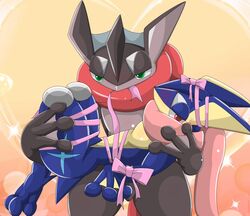  2015 ambiguous/ambiguous ambiguous_gender anthro bodily_fluids bondage bondage bound duo frogtied generation_6_pokemon green_eyes greninja hands_behind_back hi_res holding_character legs_tied nintendo pokemon pokemon_(species) red_eyes restrained ribbons shiny_pokemon sweat type 