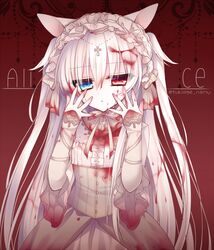  alice_claudia animal_ears bad_id bad_pixiv_id blood commentary dress female heterochromia long_hair original solo tsukikage_nemu white_hair 