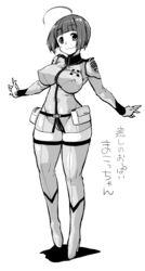  absurdres ahoge bob_cut breasts female greyscale harada_makoto highres large_breasts looking_at_viewer monochrome nikusho skin_tight smile solo standing thighhighs translation_request uchuu_senkan_yamato uchuu_senkan_yamato_2199 uniform 