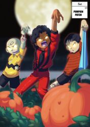  3boys afro bald black_hair blanket blurry blurry_foreground bone charlie_brown colored_sclera commentary crossover dancing dark-skinned_male dark_skin depth_of_field english_commentary english_text fangs full_moon glowing glowing_eyes halloween highres jacket leather leather_jacket leather_pants linus_van_pelt male_focus michael_jackson monster_boy moon multiple_boys no_pupils open_mouth pants peanuts_(comic) pumpkin real_life red_jacket red_leather red_pants shirt shorts sleeves_pushed_up t-shirt thriller_(michael_jackson) toon_(style) torn_clothes tovio_rogers very_dark_skin yellow_eyes yellow_sclera zombie 