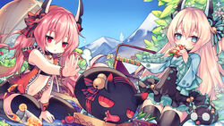  2girls :&lt; :o alternate_costume ao_jun azur_lane bandeau bare_shoulders bell black_bandeau black_skirt black_thighhighs blonde_hair blue_eyes blue_kimono blue_sky blush bow bright_pupils chestnut_mouth coke-bottle_glasses collarbone commentary_request cup day drinking_glass dutch_angle eating flower food food_art food_on_face frilled_sleeves frills fruit glasses green_bow hair_between_eyes hair_ribbon hairbow hamakaze_(azur_lane) headgear high-waist_skirt highres holding holding_food horns japanese_clothes jingle_bell juice kimono long_hair long_sleeves low_twintails mountain mouth_hold multiple_girls navel outdoors outstretched_arm parted_lips photoshop_(medium) picnic picnic_basket pink_hair red_bow red_eyes red_flower ribbon sandwich scenery seiza sitting skirt sky sleeveless spilling strawberry striped striped_bow swimsuit tako-san_wiener tanikaze_(azur_lane) thighhighs triangle_mouth twintails very_long_hair white_flower wide_sleeves 