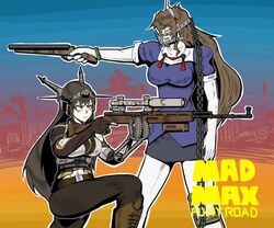  2girls ashigara_(kancolle) atee_(ate_robo521) black_hair boots breasts brown_hair commentary_request dress elbow_gloves gloves gun hairband headgear kantai_collection knee_boots large_breasts long_hair mad_max mad_max:_fury_road mask max_rockatansky mouth_mask multiple_girls muzzle nagato_(kancolle) pants pantyhose rifle sawed-off_shotgun scope shotgun sks weapon 