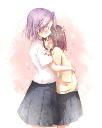  2girls bad_id bad_pixiv_id black_hair blush closed_eyes hand_on_another&#039;s_head hug kajiki_yumi kuma_(happylocation) medium_hair multiple_girls pleated_skirt purple_eyes purple_hair saki_(manga) school_uniform skirt touyoko_momoko tsuruga_school_uniform yuri 