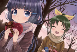  2girls :t aged_down aoki_reika bare_tree blue_eyes blue_hair box chocolate closed_eyes coat commentary_request duffel_coat enpera gift green_hair hair_ornament hair_ribbon hairclip heart heart-shaped_box long_hair long_sleeves midorikawa_nao multiple_girls open_mouth ponytail precure ribbon scarf smile smile_precure tamago_kago tree valentine 