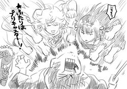  2boys 2girls bb_(fate) bb_(swimsuit_mooncancer)_(fate) bikini commentary_request double_v fate/grand_order fate_(series) fingerless_gloves gloves greyscale jitome long_hair merlin_(fate) monochrome multiple_boys multiple_girls okada_izou_(fate) punching scathach_(fate) scathach_skadi_(fate) swimsuit tan tsushima_shuu v very_long_hair 