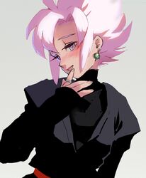  blush dragon_ball dragon_ball_super earrings eyebrows female gokuu_black jewelry matching_hair/eyes open_mouth pink_eyes pink_hair potara_earrings ring rule_63 simple_background single_earring solo spiky_hair super_saiyan_rose turtleneck 