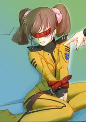  belt blindfold blush bodysuit bondage bondage bound bound_arms brown_hair female jason_(kaiten_kussaku_kikou) misaki_yuria pointing sitting skin_tight twintails uchuu_senkan_yamato uchuu_senkan_yamato_2199 uniform 