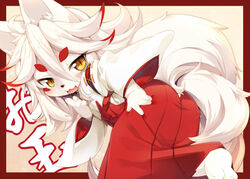  2013 amber_eyes anthro asian_clothing ass bent_over border canid canine clothed clothing east_asian_clothing female fox fully_clothed fur hair hand_on_butt japanese_clothing japanese_text kemono kimono kishibe long_hair looking_back mammal messy_hair multi_tail open_mouth otama_(character) pupils rear_view red_border red_theme simple_background slit_pupils smile solo standing tail teasing text touch_fluffy_tail white_body white_fur white_hair 