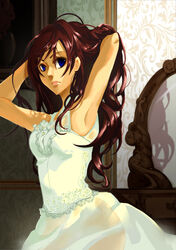  absurdres armpits arms_up assassin&#039;s_creed:_unity assassin&#039;s_creed_(series) blue_eyes commentary_request dress elise_de_la_serre female highres indoors kojitsugetsu lipstick long_hair makeup mirror painting_(object) photoshop_(medium) red_hair sleeveless sleeveless_dress solo wallpaper_(object) 