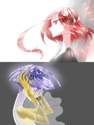  2others androgynous bad_id bad_pixiv_id blue_eyes blue_hair blunt_bangs cinnabar_(houseki_no_kuni) colored_eyelashes colored_skin crying crying_with_eyes_open crystal_hair easty gem_uniform_(houseki_no_kuni) golden_arms holding_head houseki_no_kuni long_bangs multiple_others other_focus phosphophyllite phosphophyllite_(ll) red_eyes red_hair see-through short_hair spoilers tears upper_body white_skin 