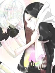  2others androgynous bad_id bad_pixiv_id black_eyes black_hair bort closed_eyes colored_eyelashes colored_skin crystal_hair diamond_(houseki_no_kuni) easty elbow_gloves gem_uniform_(houseki_no_kuni) gloves houseki_no_kuni jellyfish long_hair multicolored_hair multiple_others open_mouth other_focus rainbow_hair short_hair smile towel wet white_hair white_skin 