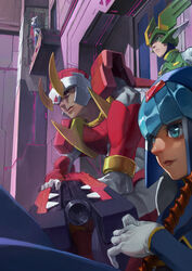  3boys absurdres android blue_eyes commentary_request crossed_arms fairy_leviathan_(mega_man) fake_horns female fighting_fefnir_(mega_man) gloves helmet hidden_phantom_(mega_man) highres horned_helmet horns lips mega_man_(series) mega_man_zero_(series) mega_man_zero_1 multiple_boys nazgul_(5511474) open_mouth photoshop_(medium) realistic sage_harpuia_(mega_man) sitting standing weapon white_gloves 