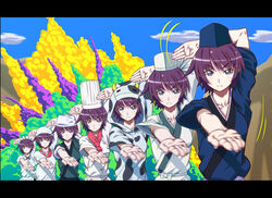  6+girls animal_costume apron bandana blue_eyes chef chef_hat commentary_request cow_costume dondongarara explosion flat_top_chef_hat hat head_scarf japanese_clothes kappougi letterboxed monogatari_(series) motion_blur multiple_girls multiple_persona nekomonogatari parody photoshop_(medium) purple_hair senjougahara_hitagi short_hair standing super_sentai toque_blanche 