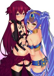  2girls :o arm_strap arm_wrap armband ass ass_visible_through_thighs back bandeau bare_shoulders black_legwear blue_hair blue_skirt blush bracelet breasts bridal_garter buckle closed_mouth coin_(ornament) collarbone commentary_request cowboy_shot cybele_(lord_of_vermilion) detached_collar earrings embarrassed eyelashes feathers frills fringe_trim from_above from_side frown gem gradient_background groin hair_between_eyes hair_ornament hair_ribbon headdress hip_focus i_oka_lov jewelry legs_apart long_hair looking_at_viewer looking_back lord_of_vermilion lord_of_vermilion_iii microskirt multiple_girls neck_ribbon neck_ring open_mouth parted_bangs red_eyes red_hair revealing_clothes ribbon shiny_skin short_eyebrows showgirl_skirt sidelocks skirt small_breasts standing strapless surprised thighhighs twintails varuna_(lord_of_vermilion) very_long_hair white_background wrist_cuffs yellow_eyes 