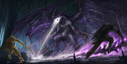  absurd_res anthro cave clothed clothing dark_souls darkeater_midir dragon fromsoftware group hi_res holding_melee_weapon holding_object holding_sword holding_weapon human male mammal melee_weapon membrane_(anatomy) membranous_wings mythological_creature mythological_scalie mythology open_mouth purple_body purple_skin scalie size_difference sword tail teeth themefinland weapon wings 