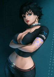  arm_tattoo black_hair black_shirt blue_eyes bracelet choker closed_mouth commentary crop_top crossed_arms doll_(one_piece) earrings english_commentary english_text female hoop_earrings indoors jewelry lips lipstick makeup midriff navel one_piece red_lips shirt short_hair short_sleeves skull skull_belt solo spiked_choker spikes tattoo zetman92 