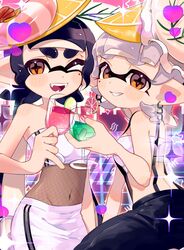  2girls bare_shoulders black_hair black_pants blunt_bangs blush_stickers breasts callie_(splatoon) cowboy_shot crop_top cup drinking_glass fangs food food_on_head fruit grey_hair grin groin hand_up head_tilt heart highres holding holding_cup inkling lemon lemon_slice long_hair looking_at_viewer marie_(splatoon) medium_hair midriff mole mole_under_eye multicolored_background multiple_girls navel object_on_head official_alternate_costume official_alternate_hairstyle one_eye_closed open_mouth orange_eyes oyster pants pencil_skirt pinky_out pointy_ears sahata_saba shrimp sidelocks skirt small_breasts smile sparkle splatoon_(series) splatoon_3 star-shaped_pupils star_(symbol) strapless suction_cups suspenders symbol-shaped_pupils tentacle_hair tube_top twintails very_long_hair white_tube_top wine_glass zipper zipper_pull_tab 