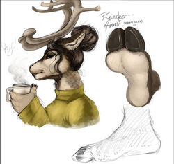  ammi_(cinnahbunn) anthro antlers beverage candy chocolate cinnahbunn clothing container cup deer dessert ear_piercing ear_ring feet female food foot_focus hair hair_bun hooved_toes hooves horn hot_chocolate mammal mug new_world_deer piercing reindeer ring_piercing side_view soles solo sweater topwear 