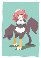  animal_ears big_o_pants bird_ears bird_legs bird_tail black_feathers black_wings blush_stickers breasts commentary_request feather_fingers feathers female fio-chan_(big_o_pants) green_background hair_between_eyes harpy highres large_breasts long_hair looking_at_viewer maid maid_headdress monster_girl original red_eyes red_hair smile solo tail talons twintails winged_arms wings 