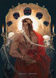  1boy artist_name black_hair bracelet candle candlestand commentary dark_background dated emperor_of_mankind english_commentary fire flower ginias glowing glowing_eyes gold gold_jewelry gold_ring highres holding hug jewelry laurel_crown long_hair male_focus muscular muscular_male nipples red_eyes red_flower red_robe red_rose robe rose signature skeleton skull solo sun_behind_head warhammer_40k 