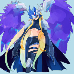  beelstarmon_x black_gloves black_pants black_shirt blonde_hair breasts commentary_request crop_top digimon digimon_(creature) eye_mask feathered_wings female gloves long_hair medium_breasts navel pants pg_enaena purple_eyes purple_wings shirt shoulder_pads solo third_eye torn_clothes torn_pants underboob wings 