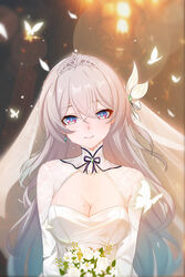  alternate_costume blue_eyes blue_pupils bouquet bow breasts bridal_veil bug butterfly chinese_commentary cleavage commentary_request dress earrings female firefly_(honkai:_star_rail) glowing_butterfly gradient_hair green_hair hair_between_eyes hair_ornament hairbow holding holding_bouquet honkai:_star_rail honkai_(series) jewelry large_breasts long_hair looking_at_viewer m78_zaitaoaotezhanshi mole mole_on_breast multicolored_hair purple_eyes see-through see-through_veil smile solo straight-on tiara upper_body veil wedding wedding_dress white_bow white_butterfly white_dress white_hair white_tiara white_veil 