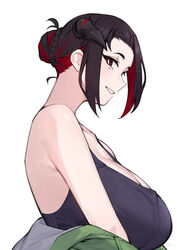  alternate_costume alternate_hairstyle black_hair braid breasts bright_pupils collarbone cosplay dasdokter demon_horns english_commentary female highres hololive hololive_english horns huge_breasts kaii_to_otome_to_kamikakushi looking_at_viewer mamarissa mature_female mole mole_under_eye multicolored_hair ogawa_sumireko ogawa_sumireko_(cosplay) red_eyes red_hair smile two-tone_hair virtual_youtuber white_pupils 