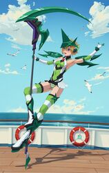  absurdres akatsuki_kirika bird blonde_hair blue_sky blush breasts cloud commission commissioner_upload covered_navel elbow_gloves female gloves green_eyes high_heels highres holding holding_scythe holding_weapon horizontal-striped_thighhighs leotard lifebuoy microskirt non-web_source ocean open_mouth panties pole pole_dancing razv.art scythe seagull senki_zesshou_symphogear shadow ship ship_deck short_hair skirt skirt_flip sky small_breasts solo_focus striped_clothes striped_panties swim_ring symphogear_pendant teeth underwear upper_teeth_only watercraft weapon 