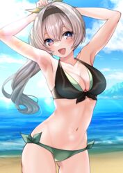  absurdres arms_behind_head beach bikini black_hairband blue_pupils blue_sky breasts cleavage cloud commentary_request day female firefly_(honkai:_star_rail) grey_hair hair_between_eyes hairband highres honkai:_star_rail honkai_(series) horizon long_hair looking_at_viewer medium_breasts mismatched_bikini ocean outdoors ponytail side-tie_bikini_bottom sky smile solo swimsuit two-tone_eyes unyon_bbunco 