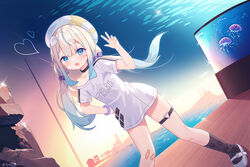  aquarium artist_name bandaid bandaid_on_knee bandaid_on_leg black_choker black_socks blue_eyes blue_hair blush character_name chinese_commentary choker collarbone commentary_request dutch_angle female gradient_hair grey_hair heart_o-ring highres horizon jelee-chan jellyfish jellyfish_hair_ornament long_hair looking_at_viewer low_twintails multicolored_hair oerba_yun_fang open_mouth panties pantyshot saz_llall shirt short_sleeves single_off_shoulder skin_fang socks solo sparkle streaked_hair twintails underwear w white_panties white_shirt yoru_no_kurage_wa_oyogenai 