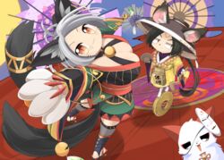  1boy :3 ahoge animal_ears bell black_hair black_kimono bowl breasts cat_ears cat_girl cat_tail cleavage closed_mouth coin commentary_request ears_through_headwear facial_mark female fox full_body geta grey_hair hat holding holding_bowl holding_staff holed_coin japanese_clothes jingasa jingle_bell kimono kohaku_(onmyoji) kyuumei_neko_(onmyoji) large_breasts lets0020 looking_at_viewer looking_to_the_side mask mask_on_head mouse_boy mouse_ears multiple_tails oil-paper_umbrella onmyoji open_mouth red_eyes short_hair slit_pupils smile staff tail tengu-geta tesso_(onmyoji) two_tails umbrella whisker_markings wide_sleeves yellow_eyes yellow_kimono 