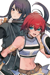  2boys absurdres akimachi back-to-back belt black_eyes black_hair black_tunic blue_eyes blush brown_belt crop_top gloves hair_between_eyes highres in-franchise_crossover long_hair looking_at_another male_focus multiple_boys navel open_mouth red_hair reid_hershel shirt short_hair sleeveless sleeveless_shirt smile tales_of_(series) tales_of_eternia tales_of_vesperia toned toned_male weapon white_background yuri_lowell 