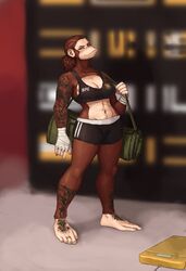  5_fingers 5_toes abs anthro arm_tattoo athletic_wear barefoot biceps blue_eyes bottomwear bra brea_(redustheriotact) breasts brown_body brown_fur brown_hair cleavage clothed clothing digit_ring eyebrow_piercing facial_piercing feet female fingers foot_tattoo freckles front_view fur gym_bag gym_bottomwear gym_shorts hair hand_wraps haplorhine hi_res jewelry logo mammal midriff mma monkey muscular muscular_anthro muscular_female navel pants piercing ponytail prehensile_feet primate rareware redustheriotact ring shorts solo sports_bra standing tattoo toe_ring toes underwear wraps 